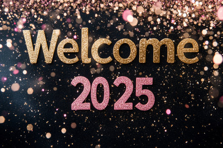 Welcome 2025 text with glitter on black background. New Year concept.の素材