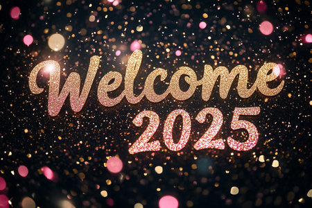 Glittering golden welcome 2025 text on bokeh background.の素材