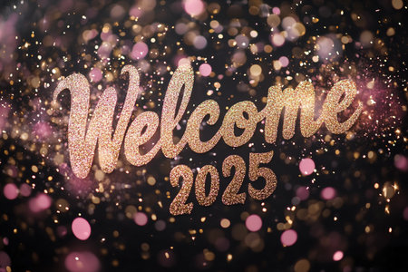 Welcome 2025 gold glitter lettering on black bokeh background.の素材