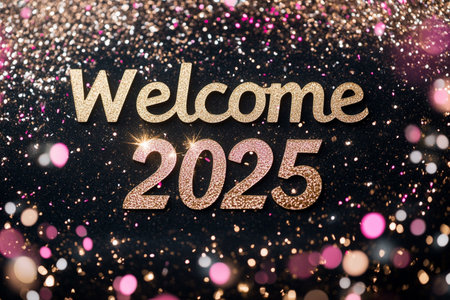 Welcome 2025 golden glitter text on black bokeh lights background.の素材