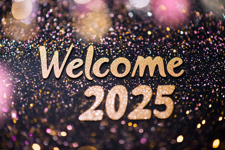Welcome 2025 text on glitter background with bokeh lights.の素材
