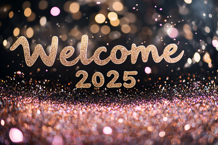 Welcome 2025 golden glitter lettering on bokeh lights background.の素材