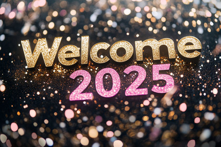 Welcome 2025 lettering on bokeh background. Happy New Year and Merry Christmas.の素材