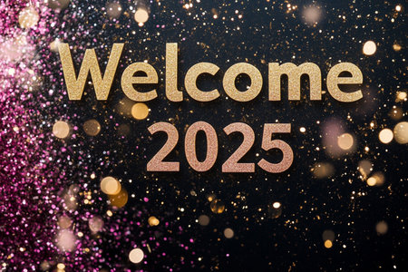 Welcome 2025 text on glitter background with bokeh effect.の素材