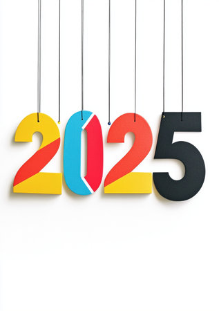 Happy new year 2015 hanging on white background. 3d illustration.の素材