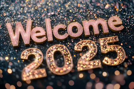 Welcome 2015 gold text on black glitter background with bokeh.の素材
