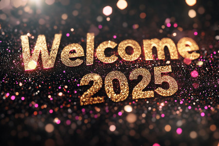 Welcome 2015 lettering on golden glitter background with bokeh effectの素材
