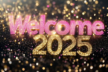 Glitter gold welcome 2015 text on bokeh background. 3D illustrationの素材