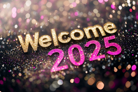 Welcome 2015 lettering on glitter background with bokeh effect.の素材
