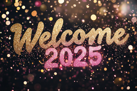Welcome new year 2015 lettering with bokeh lights background.の素材