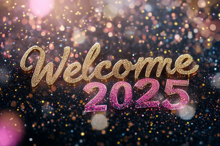 Welcome 2015 text on glitter gold and black bokeh background.の素材