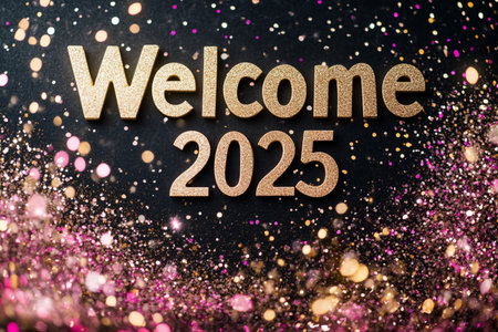 Welcome 2015 text on black background with bokeh and glitter.の素材