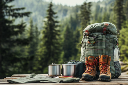 Hiking boots and backpack on a wooden table in the mountains.の素材