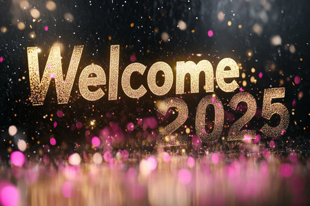 Welcome 2015 lettering on bokeh lights background. 3D renderingの素材