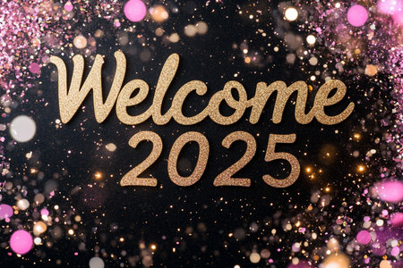 Welcome 2015 gold glitter text on black background with bokeh.の素材