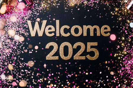 Welcome 2023 text on black background with glitter and bokehの素材