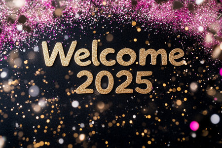 Welcome 2015 text on black background with colorful bokeh lights.の素材