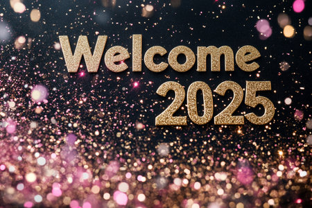 Welcome 2015 gold text on black background with bokeh effect.の素材