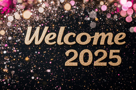 Welcome 2023 text on black background with glitter and bokehの素材