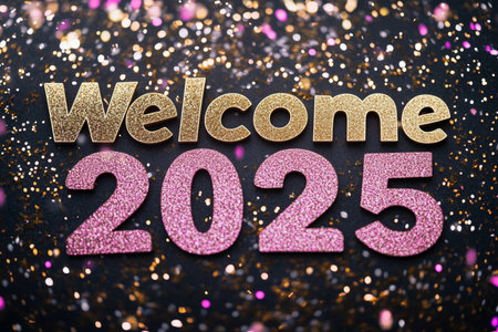 Welcome 2015 gold glitter text on black background with bokeh.の素材