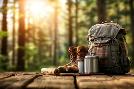 Hiking equipment on wooden table in forest. Travel and adventure conceptの素材