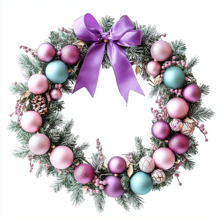 Christmas wreath with pink and blue baubles isolated on white backgroundの素材