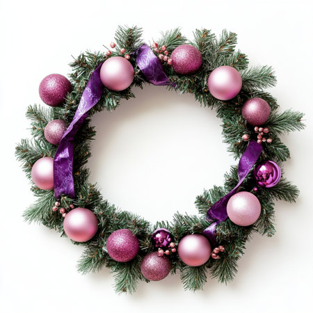Christmas wreath with pink and purple baubles on white backgroundの素材