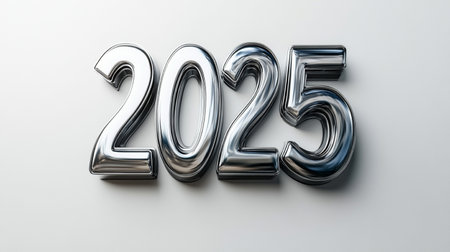 2025 silver metallic numbers on a white background. 3d illustrationの素材