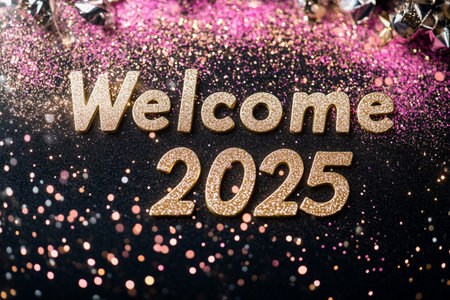 Welcome 2015 text with glitter on black background. New year concept.の素材
