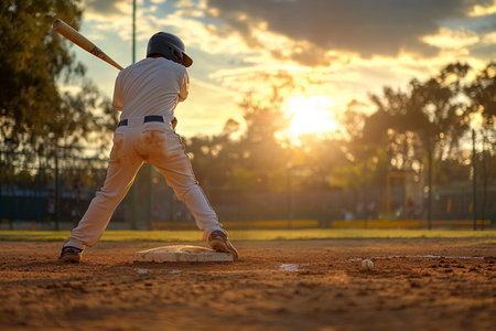 Baseball player in action on the field during sunset. Soft focus.の素材