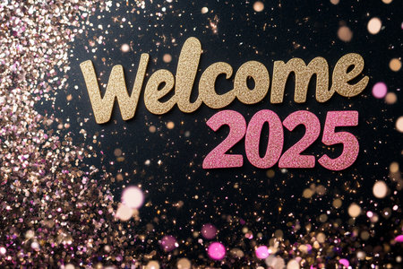 Welcome 2015 text with glitter on black background. Happy new year conceptの素材