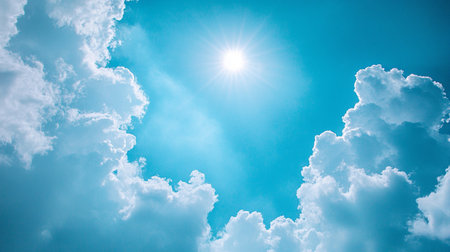Blue sky with clouds and sun. Abstract nature background. Copy space.の素材