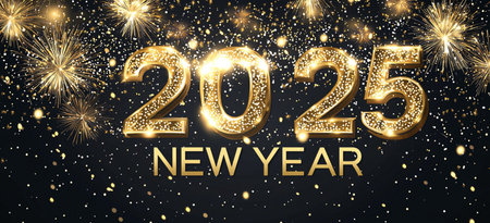 Happy New Year and Merry Christmas background with golden fireworks. Vector illustration.の素材