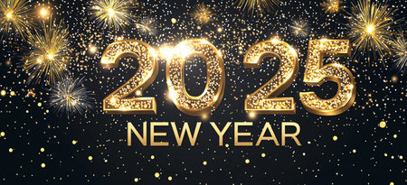 Happy New Year 2015. Gold glittering background with fireworks. Vector illustration.の素材