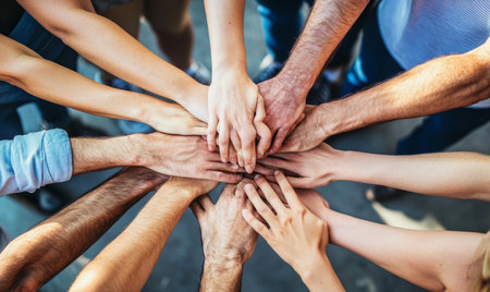 Group of people joining hands together in circle. Teamwork concept.の素材