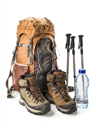 Hiking equipment isolated on a white background. Clipping path included.の素材