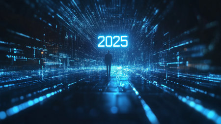 Businessman standing in futuristic cyberspace. New year concept. 3D Renderingの素材