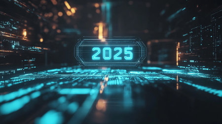 New year 2015 glowing hologram over dark futuristic background 3D renderingの素材
