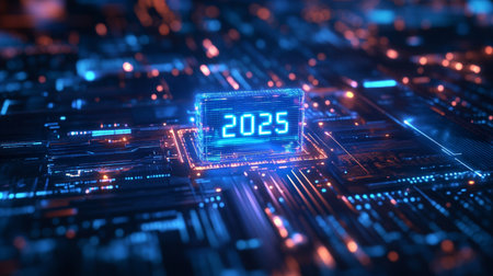 Futuristic 3d rendering of a new year 2020 on a circuit boardの素材