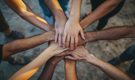 Teamwork concept. Close-up of a group of people holding hands togetherの素材