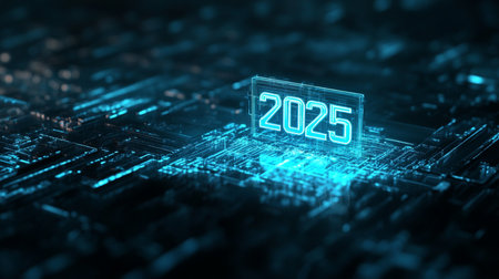 3D rendering of a new year 2015 on a computer circuit boardの素材