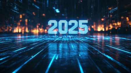 2025 new year text with binary code in cyberspace backgroundの素材