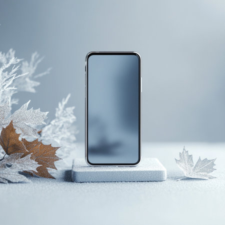 Smartphone with blank screen on winter background. Mockup for designの素材