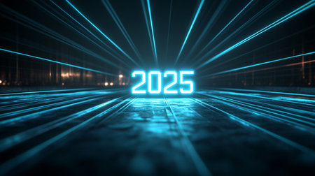 3D render of a futuristic background with neon lights and numbers 2022の素材