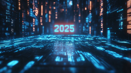 Futuristic cyber world with binary code. New year concept. 3D Renderingの素材