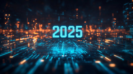 New year 2015 glowing hologram over futuristic city background 3D renderingの素材