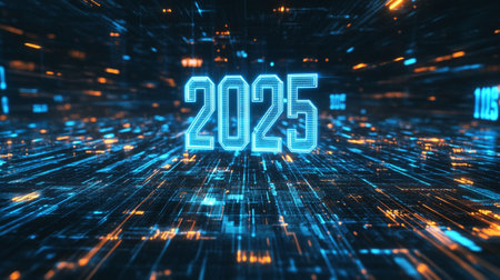 New year 2015 glowing neon numbers on cyberspace background 3D renderingの素材