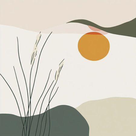Abstract hand drawn landscape with reed and sun. Vector illustration.の素材