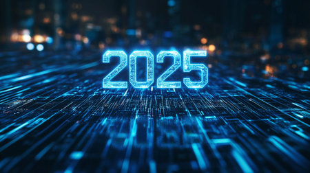 2025 New Year and Merry Christmas concept with glowing neon numbers. 3D Renderingの素材