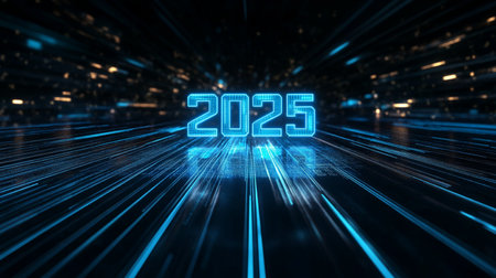 2025 new year numbers hologram over night city background 3D renderingの素材